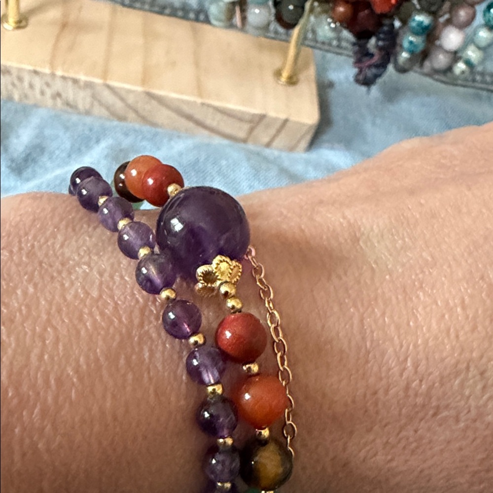 Amethyst and Carnelian Beaded Wrap Bracelet with Gold Accents